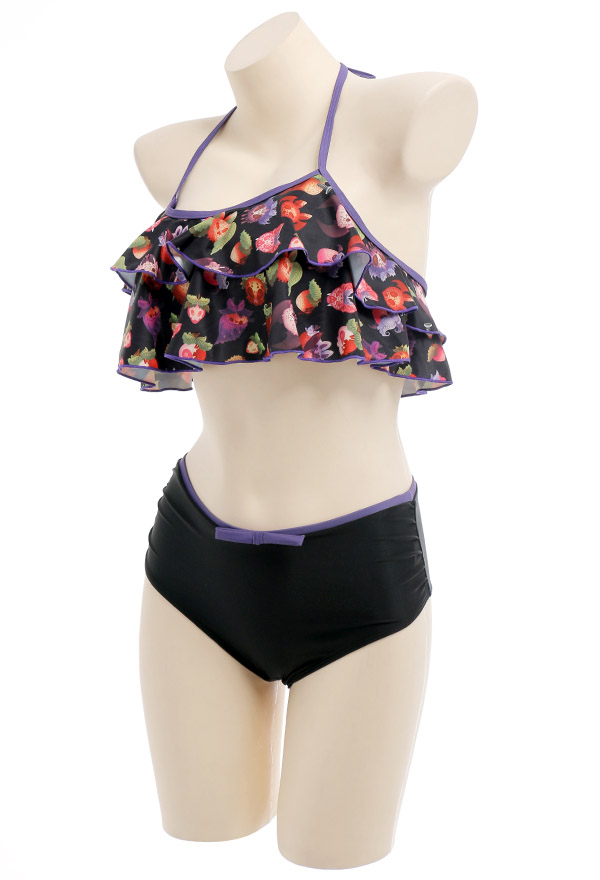 Bite U Gothic Pastel Devil Strawberry Print Halter High Waist Two-piece Swimsuit Bite U Gothic Pastel Devil Strawberry Print Halter High Waist Two-piece Swimsuit