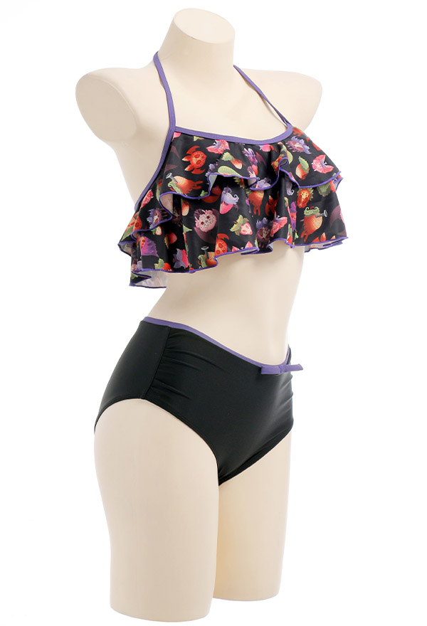 Bite U Gothic Pastel Devil Strawberry Print Halter High Waist Two-piece Swimsuit Bite U Gothic Pastel Devil Strawberry Print Halter High Waist Two-piece Swimsuit