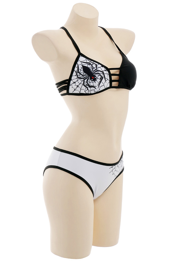 Ice Whisky Gothic Devil Spider Print String Top and Bottom Bikini Set with Coverup Ice Whisky Gothic Devil Spider Print String Top and Bottom Bikini Set with Coverup