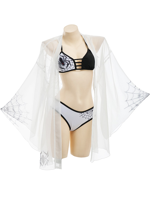 Ice Whisky Gothic Devil Spider Print String Top and Bottom Bikini Set with Coverup Ice Whisky Gothic Devil Spider Print String Top and Bottom Bikini Set with Coverup
