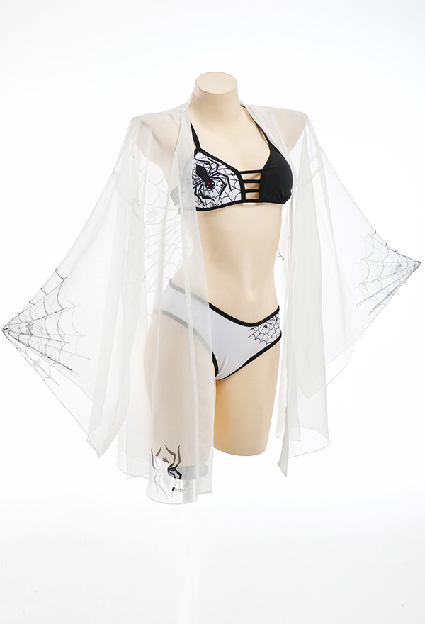 Ice Whisky Gothic Devil Spider Print String Top and Bottom Bikini Set with Coverup Ice Whisky Gothic Devil Spider Print String Top and Bottom Bikini Set with Coverup