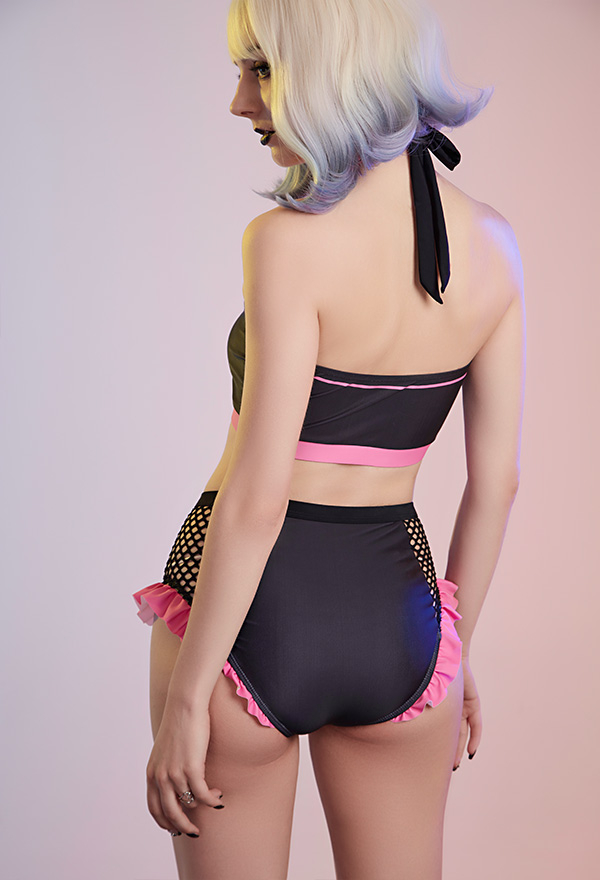 Pink Wine Gothic Pastel Nurse Style Mesh Ruffled Halter Two-Piece Bathing Suit