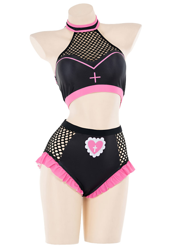 Pink Wine Gothic Pastel Nurse Style Mesh Ruffled Halter Two-Piece Bathing Suit
