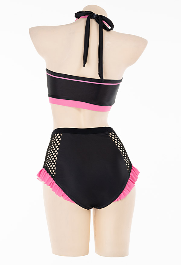 Pink Wine Gothic Pastel Nurse Style Mesh Ruffled Halter Two-Piece Bathing Suit