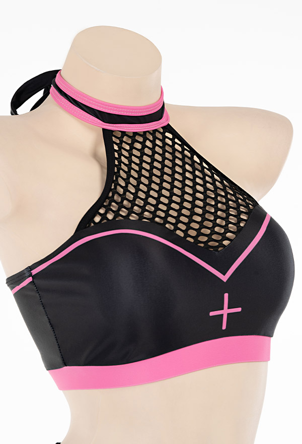 Pink Wine Gothic Pastel Nurse Style Mesh Ruffled Halter Two-Piece Bathing Suit