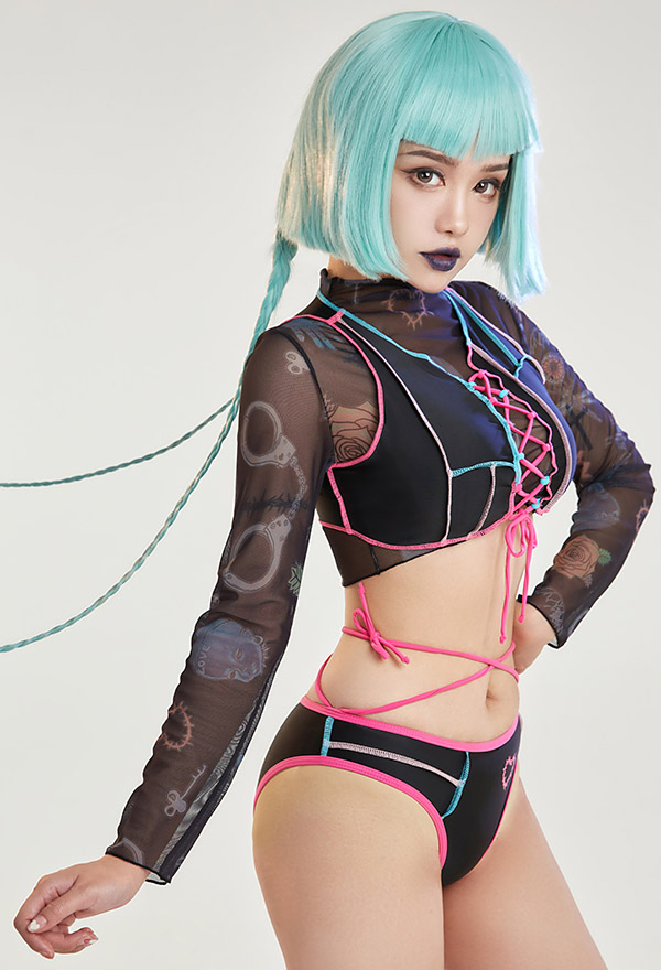 Cyber Attack Gothic Pastel Lace-Up Patchwork Two-Piece Swimsuit with Cover Up