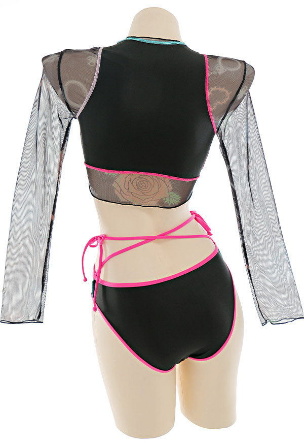 Cyber Attack Gothic Pastel Lace-Up Patchwork Two-Piece Swimsuit with Cover Up