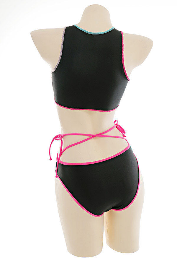 Cyber Attack Gothic Pastel Lace-Up Patchwork Two-Piece Swimsuit with Cover Up