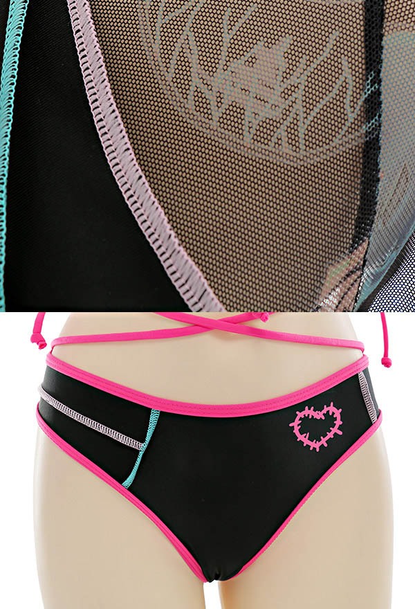 Cyber Attack Gothic Pastel Lace-Up Patchwork Two-Piece Swimsuit with Cover Up