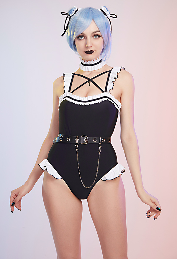 Zero Rem Women Gothic Maid Style Black Ruffled One-piece Bathing Suit
