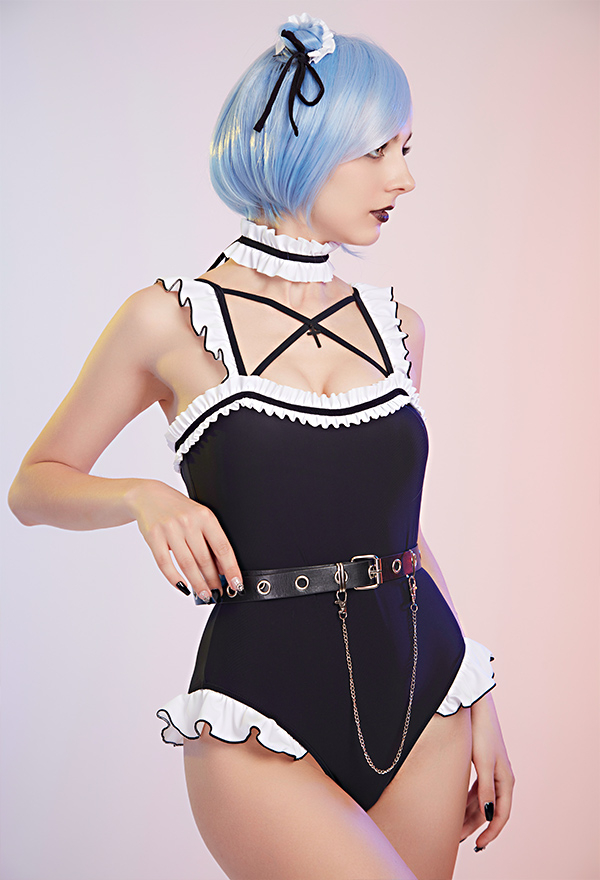Zero Rem Women Gothic Maid Style Black Ruffled One-piece Bathing Suit