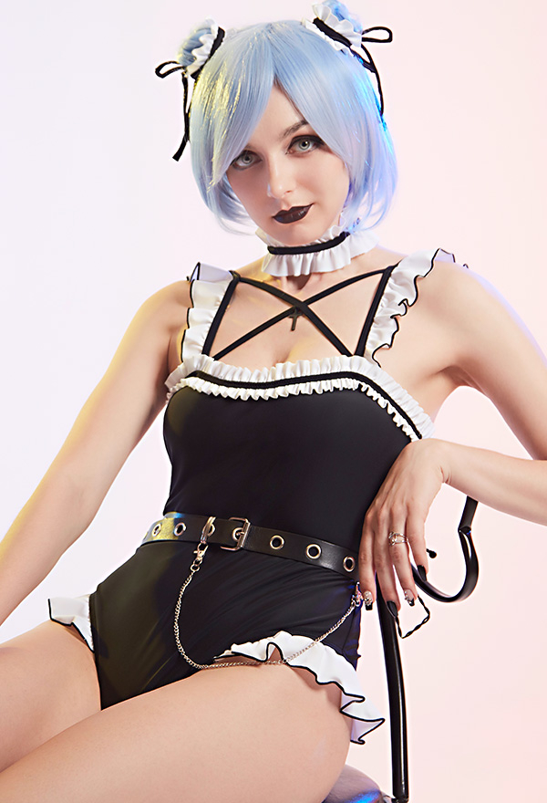 Zero Rem Women Gothic Maid Style Black Ruffled One-piece Bathing Suit