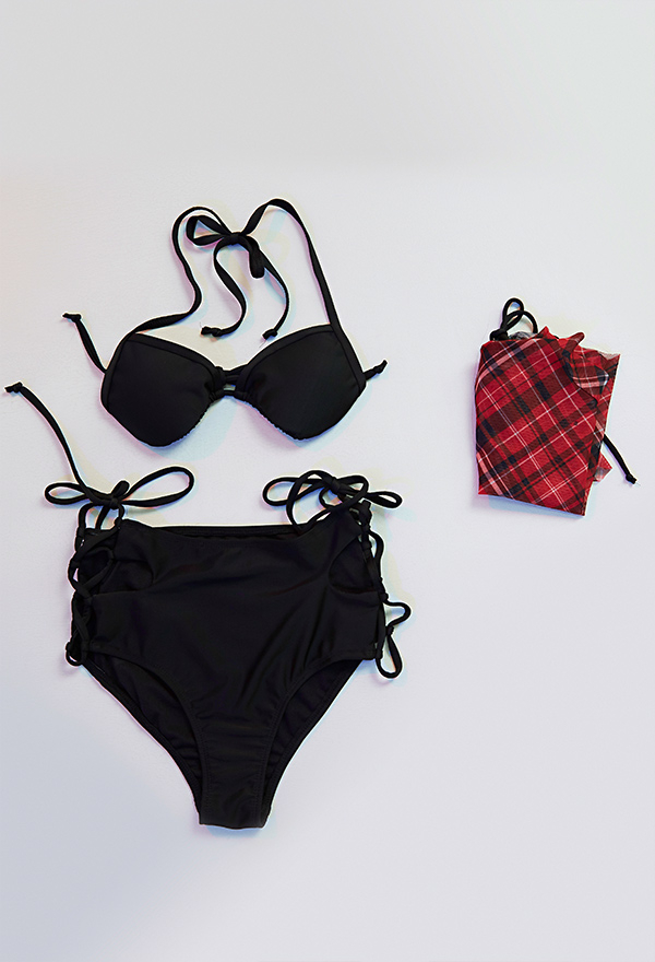 Dive in Women Punk Halter String Top High Waist Bottom Bikini Set with Short Plaid Mesh Top Dive in Women Punk Halter String Top High Waist Bottom Bikini Set with Short Plaid Mesh Top