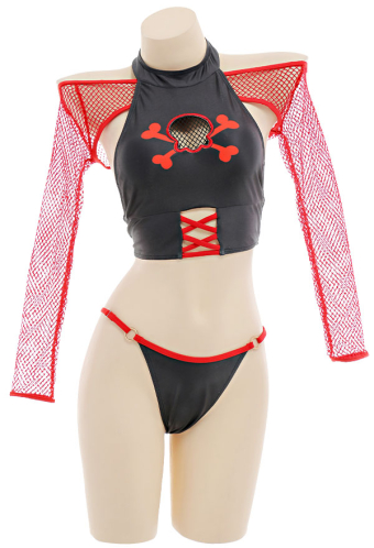 Pirate Women Gothic Black Red Skull Print Halter Two-Piece Swimsuit With Mesh Cover-Up