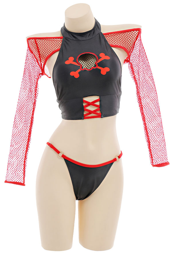 Pirate Women Gothic Black Red Skull Print Halter Two-Piece Swimsuit With Mesh Cover-Up