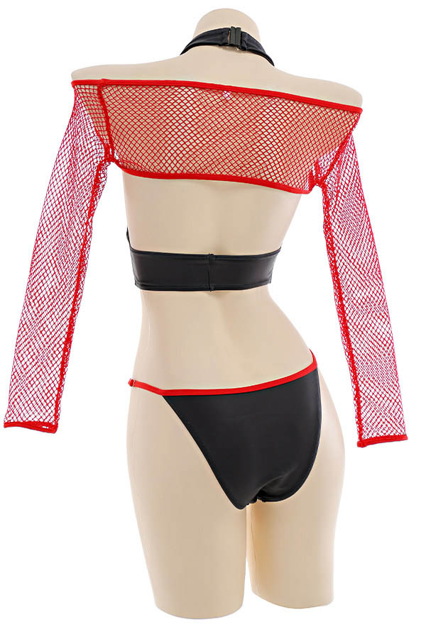 Pirate Women Gothic Black Red Skull Print Halter Two-Piece Swimsuit With Mesh Cover-Up