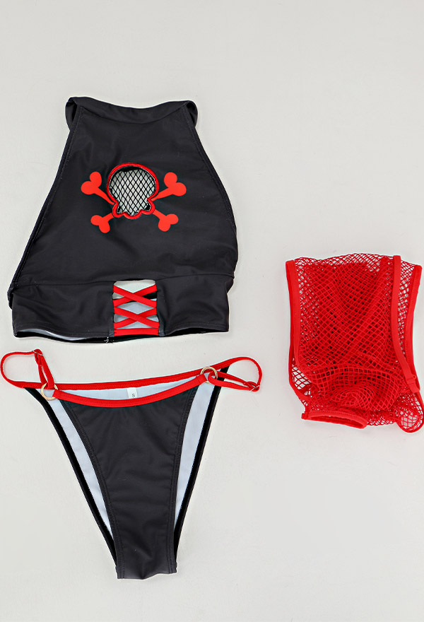 Pirate Women Gothic Black Red Skull Print Halter Two-Piece Swimsuit With Mesh Cover-Up