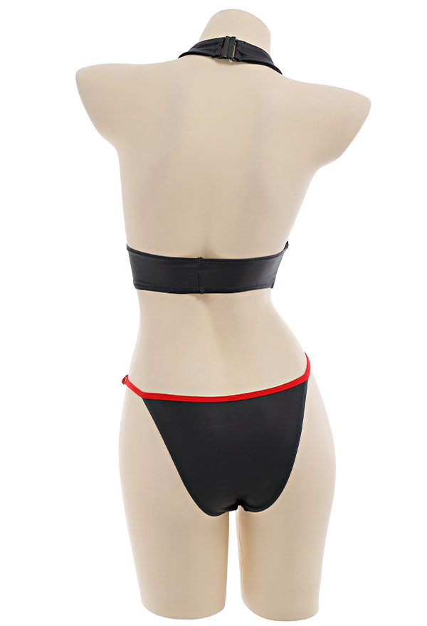 Pirate Women Gothic Black Red Skull Print Halter Two-Piece Swimsuit With Mesh Cover-Up