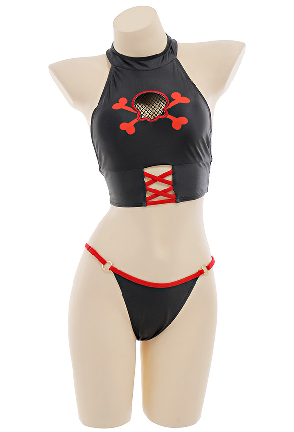 Pirate Women Gothic Black Red Skull Print Halter Two-Piece Swimsuit With Mesh Cover-Up