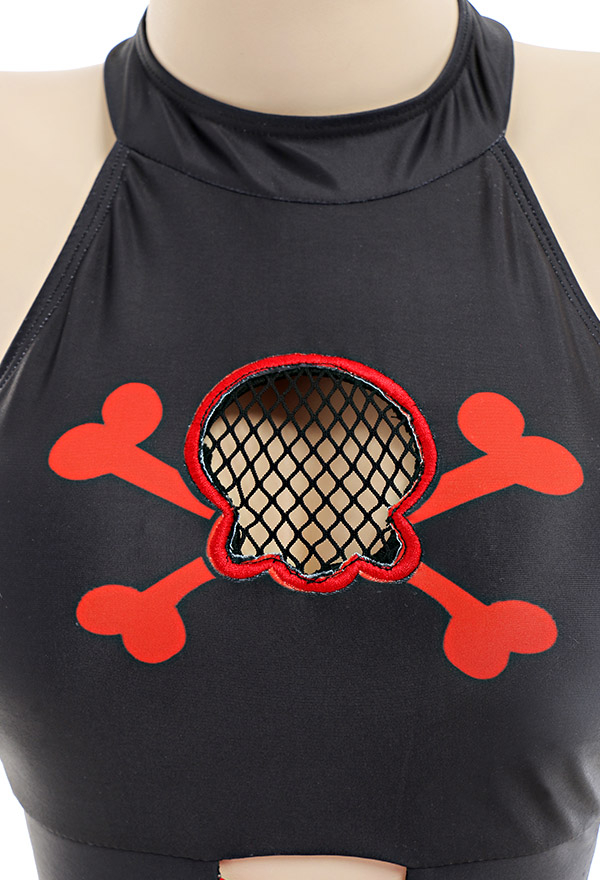 Pirate Women Gothic Black Red Skull Print Halter Two-Piece Swimsuit With Mesh Cover-Up