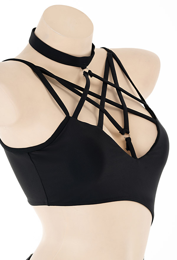Never Over Gothic Black Pentagram Decorated Neck Cutout One-piece Bathing Suit Never Over Gothic Black Pentagram Decorated Neck Cutout One-piece Bathing Suit
