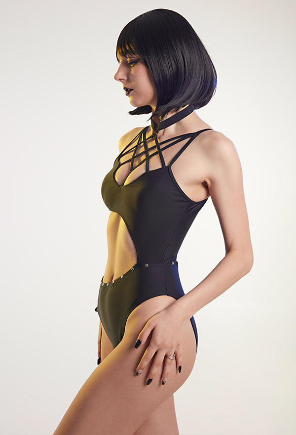 Never Over Gothic Black Pentagram Decorated Neck Cutout One-piece Bathing Suit Never Over Gothic Black Pentagram Decorated Neck Cutout One-piece Bathing Suit