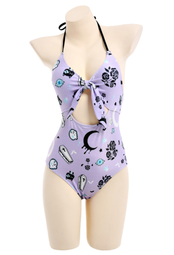 Pastel Haze Gothic Purple Floral Print Cutout Halter One-Piece Swimsuit