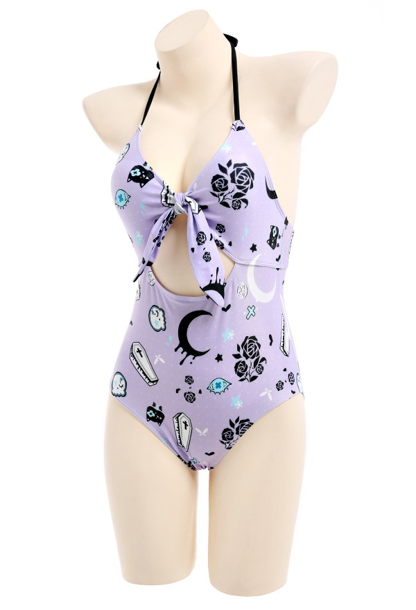 Pastel Haze Gothic Purple Floral Print Cutout Halter One-Piece Swimsuit Pastel Haze Gothic Purple Floral Print Cutout Halter One-Piece Swimsuit