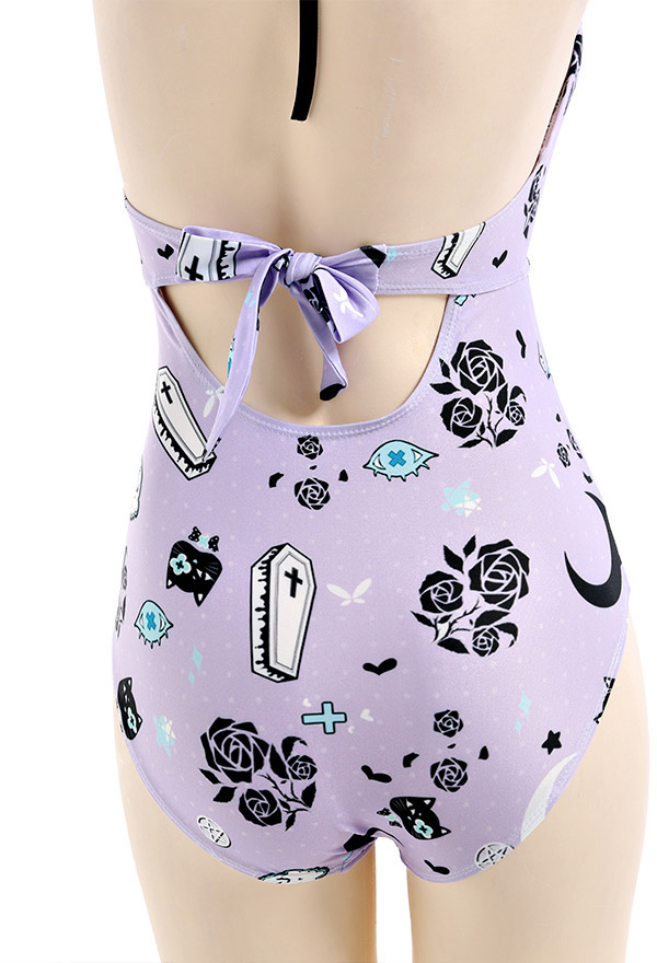 Pastel Haze Gothic Purple Floral Print Cutout Halter One-Piece Swimsuit Pastel Haze Gothic Purple Floral Print Cutout Halter One-Piece Swimsuit