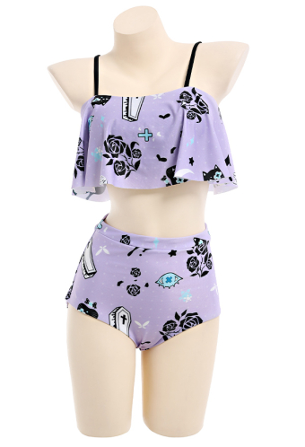 Pastel Haze Gothic Purple Floral Print Ruffled High Waist Two Piece Swimsuit