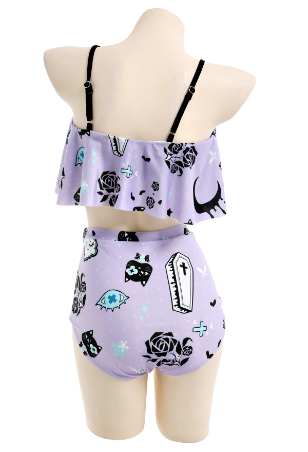 Pastel Haze Gothic Purple Floral Print Ruffled High Waist Two Piece Swimsuit