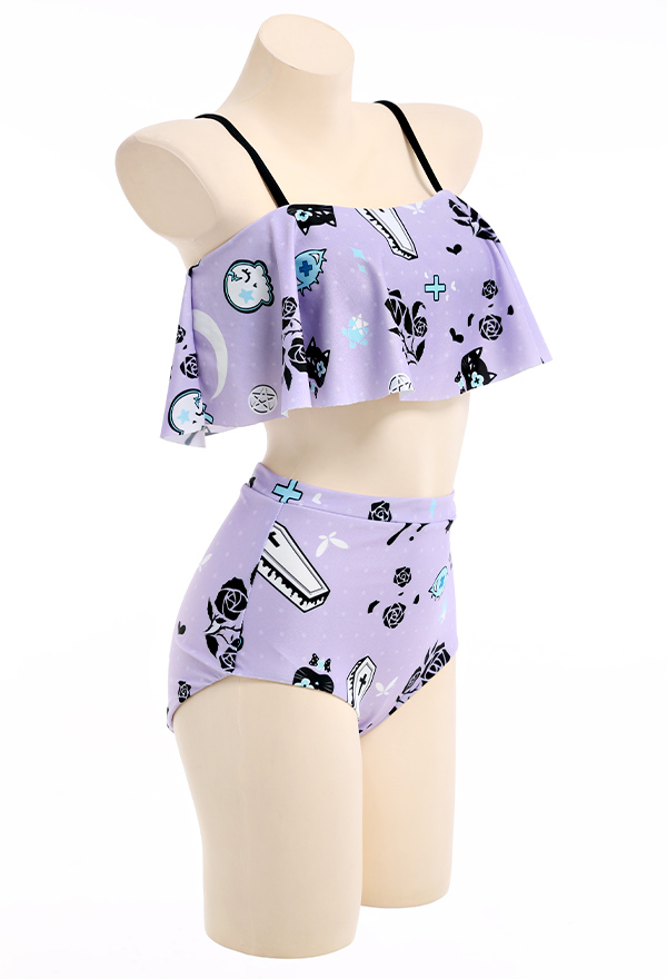 Pastel Haze Gothic Purple Floral Print Ruffled High Waist Two Piece Swimsuit
