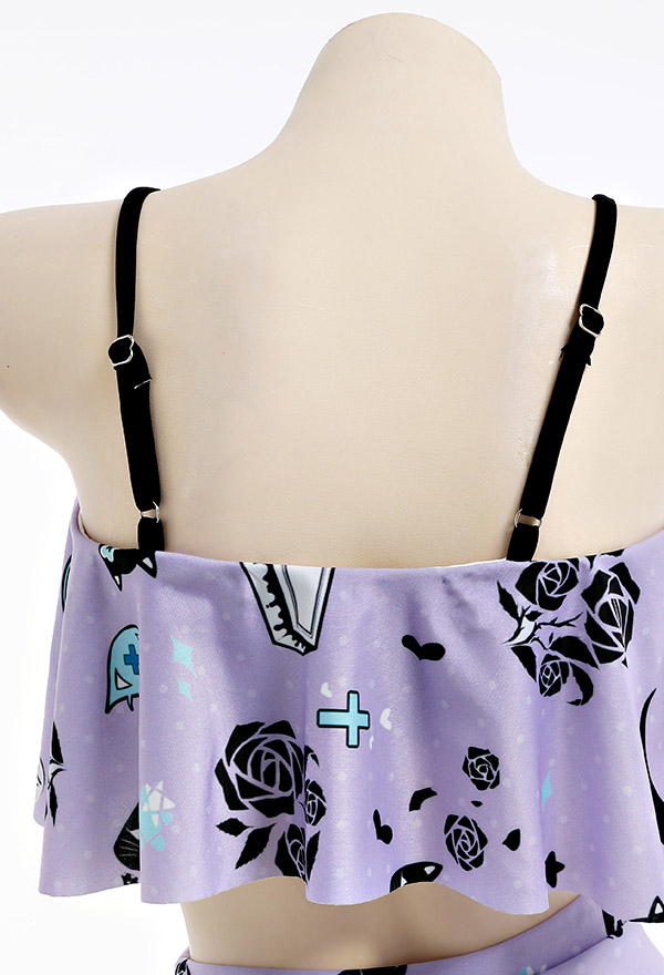 Pastel Haze Gothic Purple Floral Print Ruffled High Waist Two Piece Swimsuit