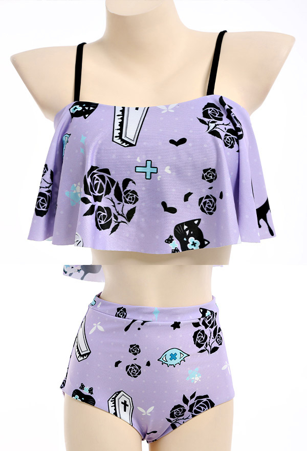 Pastel Haze Gothic Purple Floral Print Ruffled High Waist Two Piece Swimsuit