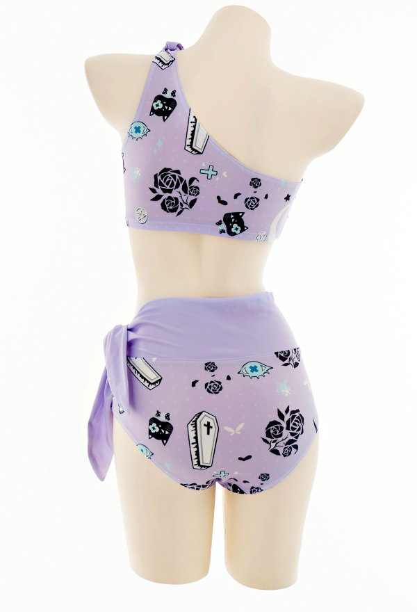 Pastel Haze Gothic Purple Print One-Shoulder High Waisted Two-Piece Swimsuit