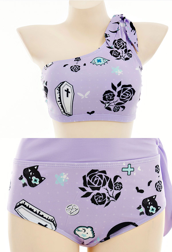 Pastel Haze Gothic Purple Print One-Shoulder High Waisted Two-Piece Swimsuit