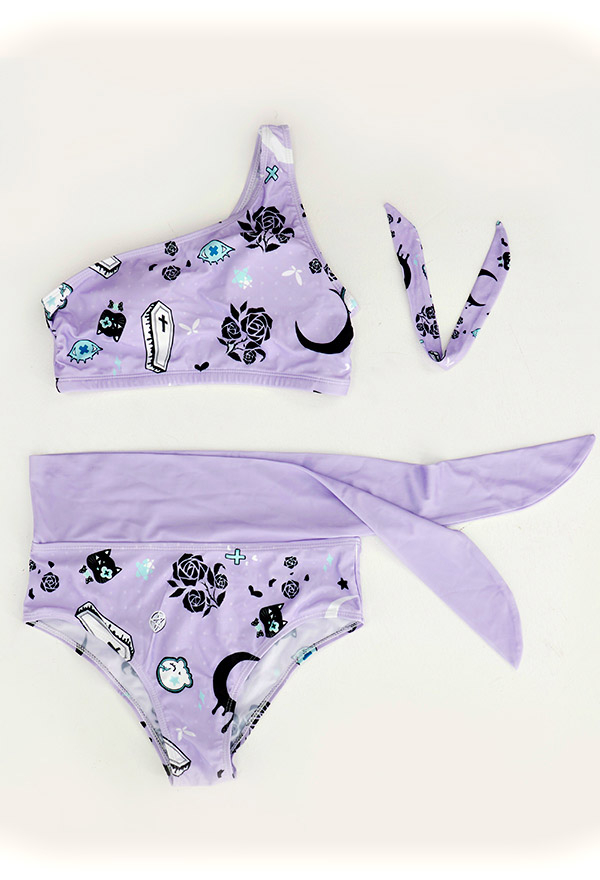 Pastel Haze Gothic Purple Print One-Shoulder High Waisted Two-Piece Swimsuit