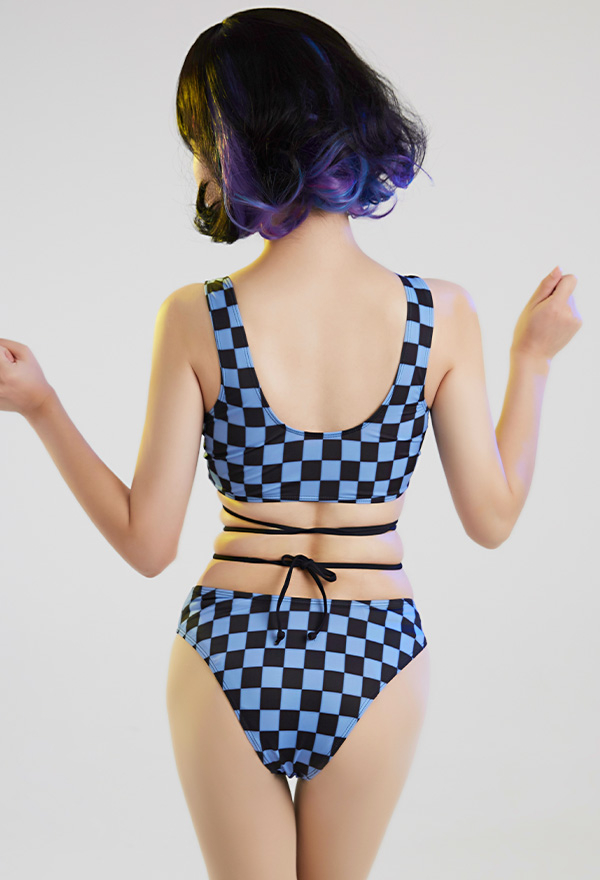 Oceans Deep Gothic Blue Plaid Skull Print Cross Strap Low Waist Bikini Set