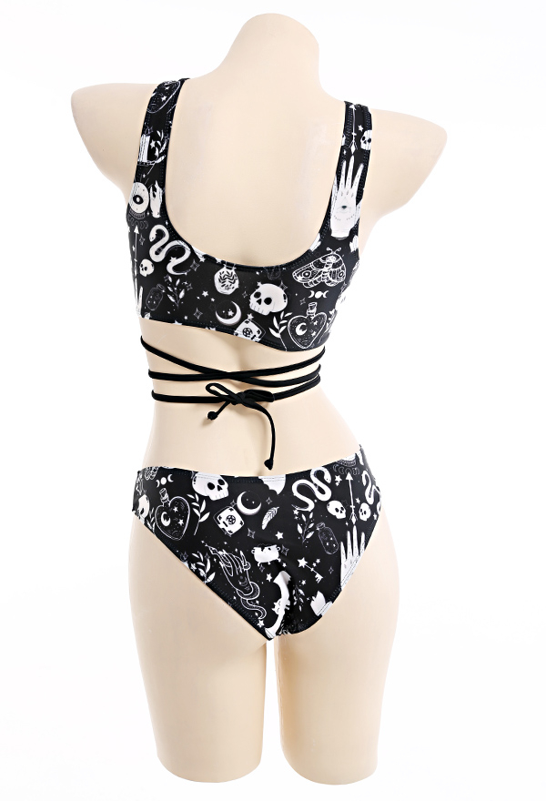Bite U Gothic Devil Witch Print Cross Strap Low Waist Bikini Set
