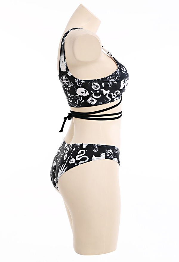 Bite U Gothic Devil Witch Print Cross Strap Low Waist Bikini Set