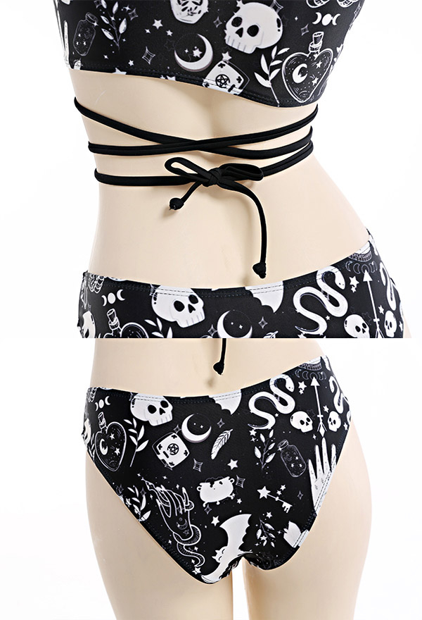 Bite U Gothic Devil Witch Print Cross Strap Low Waist Bikini Set