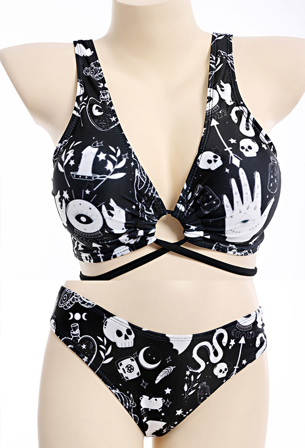 Bite U Gothic Devil Witch Print Cross Strap Low Waist Bikini Set