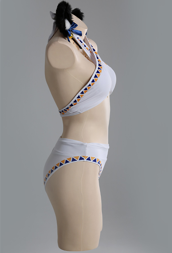 Egyptian Cat Crossover Halter Two-Piece Swimwear Swimsuit with Necklace and Cat Ear