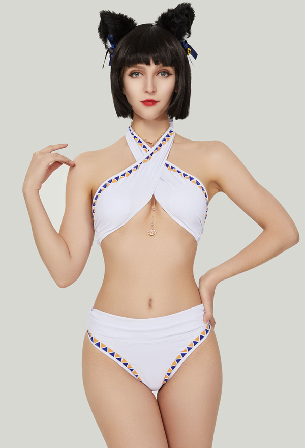 Egyptian Cat Crossover Halter Two-Piece Swimwear Swimsuit with Necklace and Cat Ear