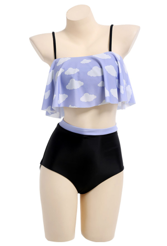 Pastel Haze Gothic Soft Girl Cloud Print Ruffled High Waist Two-Piece Swimsuit