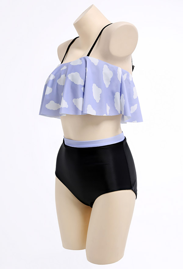 Pastel Haze Gothic Soft Girl Cloud Print Ruffled High Waist Two-Piece Swimsuit Pastel Haze Gothic Soft Girl Cloud Print Ruffled High Waist Two-Piece Swimsuit