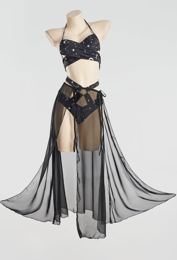 Summer Constellation Gothic Black Constellation Print Two-Piece Swimsuit with Gauze Skirt