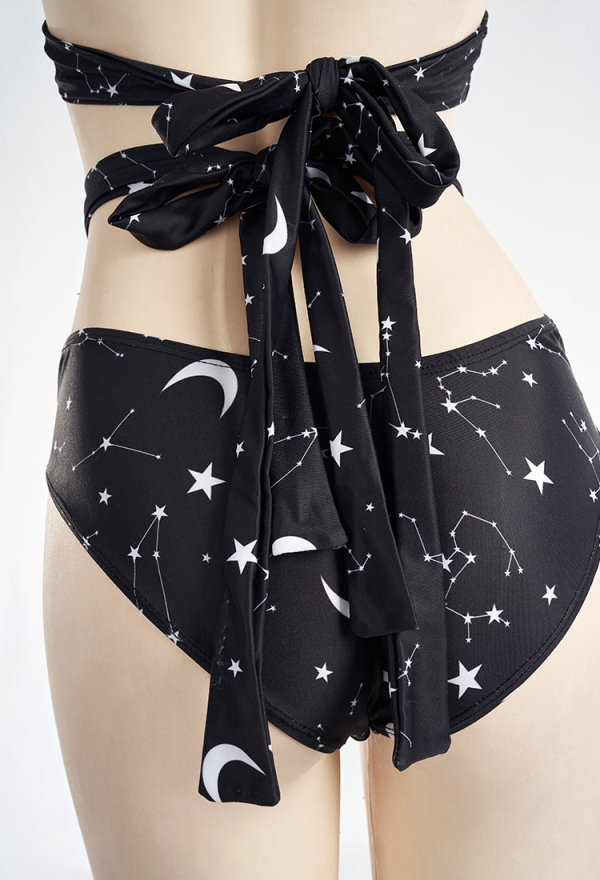 Summer Constellation Gothic Black Constellation Print Two-Piece Swimsuit with Gauze Skirt