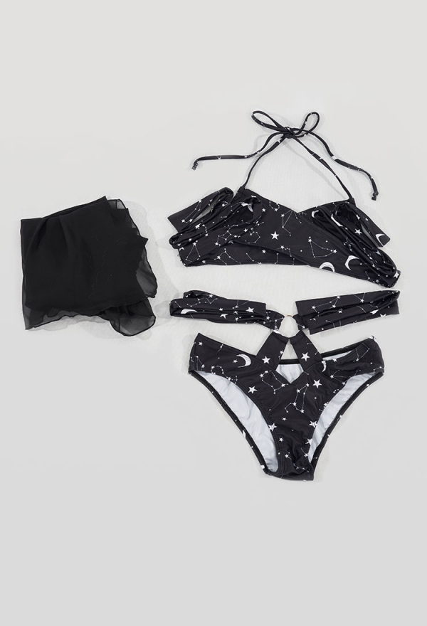Summer Constellation Gothic Black Constellation Print Two-Piece Swimsuit with Gauze Skirt