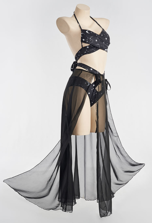 Summer Constellation Gothic Black Constellation Print Two-Piece Swimsuit with Gauze Skirt